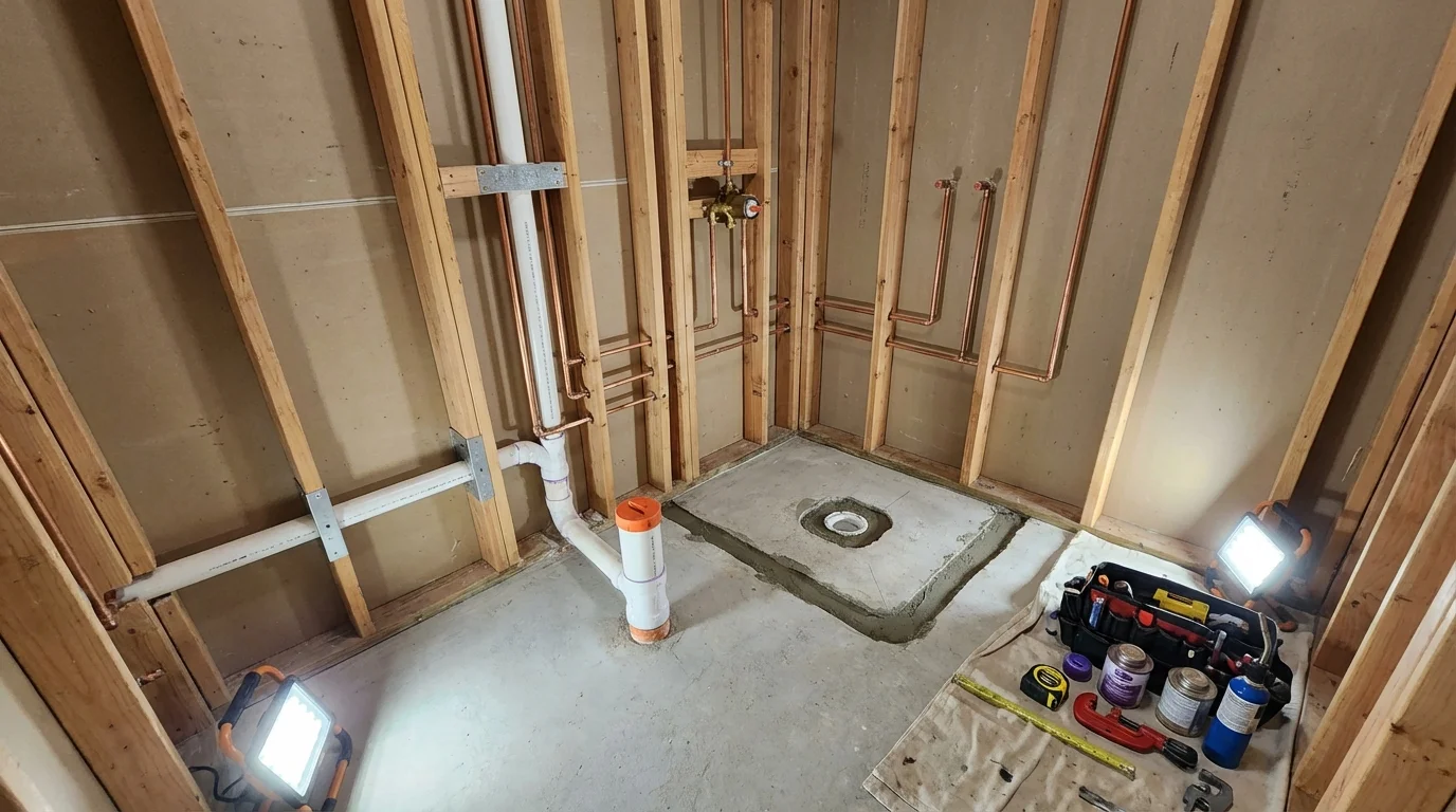Bathroom rough-in plumbing during remodel by Johns Plumbing LLC in Wesley Chapel