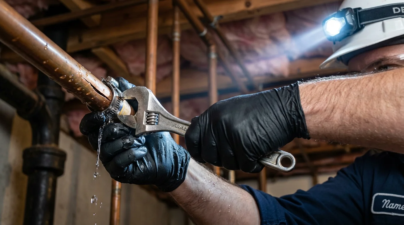 Emergency pipe clamp repair being performed by a Johns Plumbing LLC plumber in Wesley Chapel