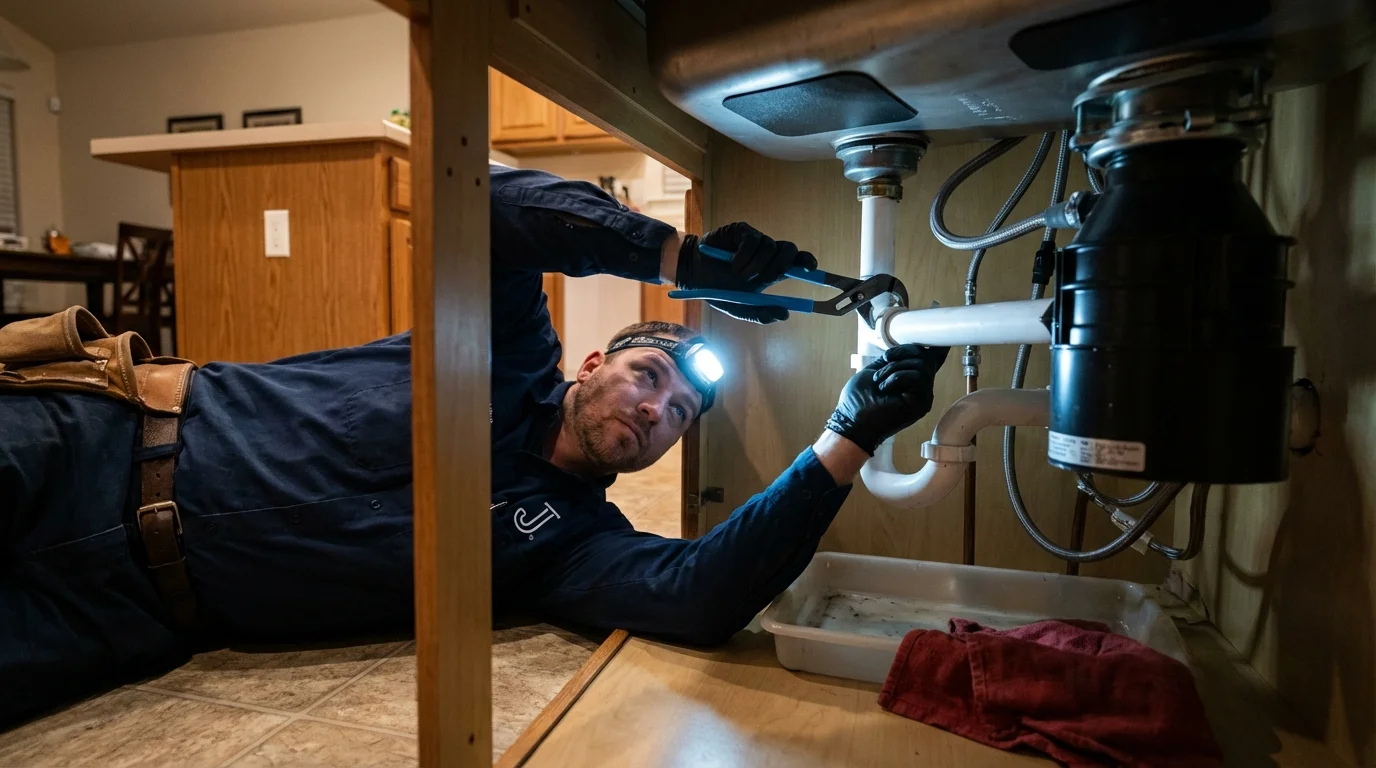 P-trap and supply line connections under a kitchen sink showing a common leak point in Wesley Chapel, FL